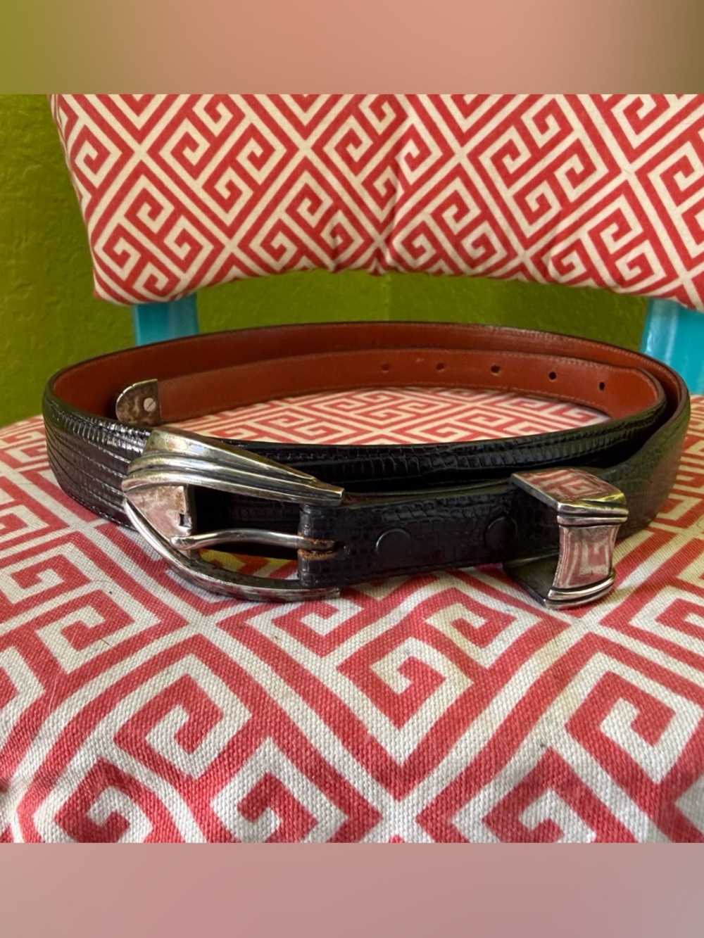 Alexander’s Belts & Buckles Black Genuine Lizard Sterling Silver Buckle Size 36